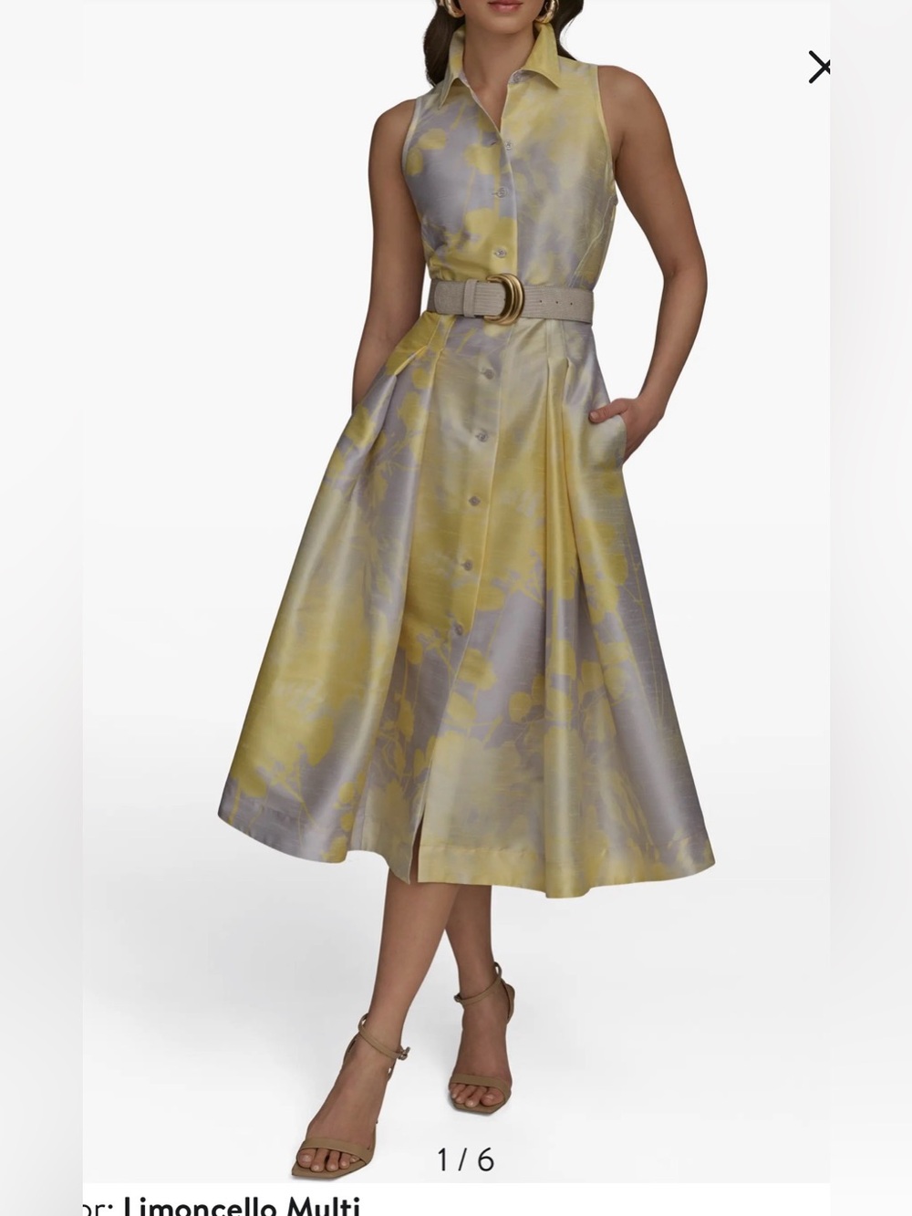 Donna Karan Yellow Floral Midi Dress, Size 6